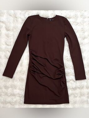 Zara Chocolate Brown Long Sleeve Ruched Mini Dress